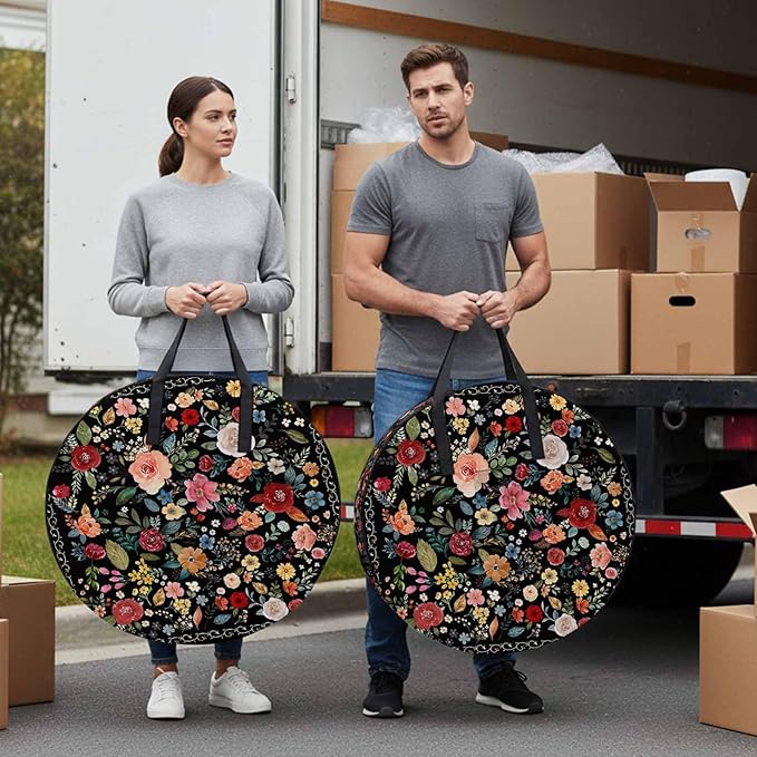 Storage Bag Black Floral Round Storage Totes Bins Closet Organizers with Zippers & Handle Farmhouse Vintage Flower Clothes Storage Container for Bedroom Dorm Space Saving Packing Supplies Moving Bags