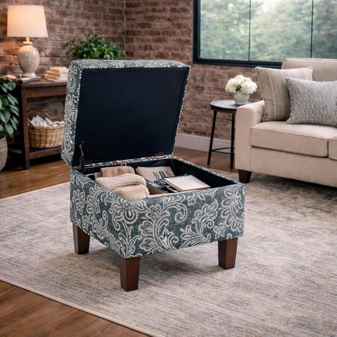 Homepop Home Decor |K7646-A879| Upholstered Modern Rectangular Storage Ottoman | Hinged Lid Ottoman with Storage for Living Room & Bedroom, Blue Denim Jacobean Print