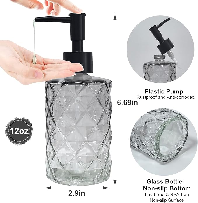 YYTSGG Crystal Glass Soap Dispenser, 12oz Gradient Grey Bathroom Hand Dispenser, Lotion Dispenser with Black Plastic Pump for Modern Home Decor, Kitchen Countertop, Hotel