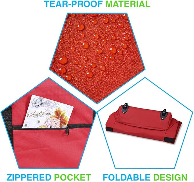 Primode Christmas Rolling Tree Storage Bag, Fits Up to 7.5 Ft. Tall Disassembled Holiday Trees, 22" H X 16" W X 50" L, Large Heavy Duty Storage Container with 2 Wheels and Handles (Red)