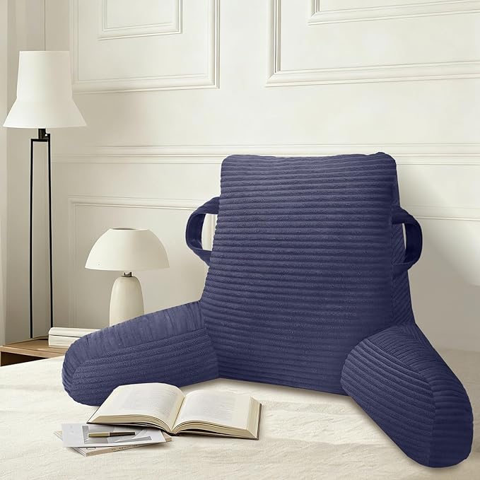 Reading Pillow for Sitting in Bed Adult, Bed Reading Pillow with Shredded Memory Foam, Back Pillow for Sitting with Arms and Pockets, Deepblue