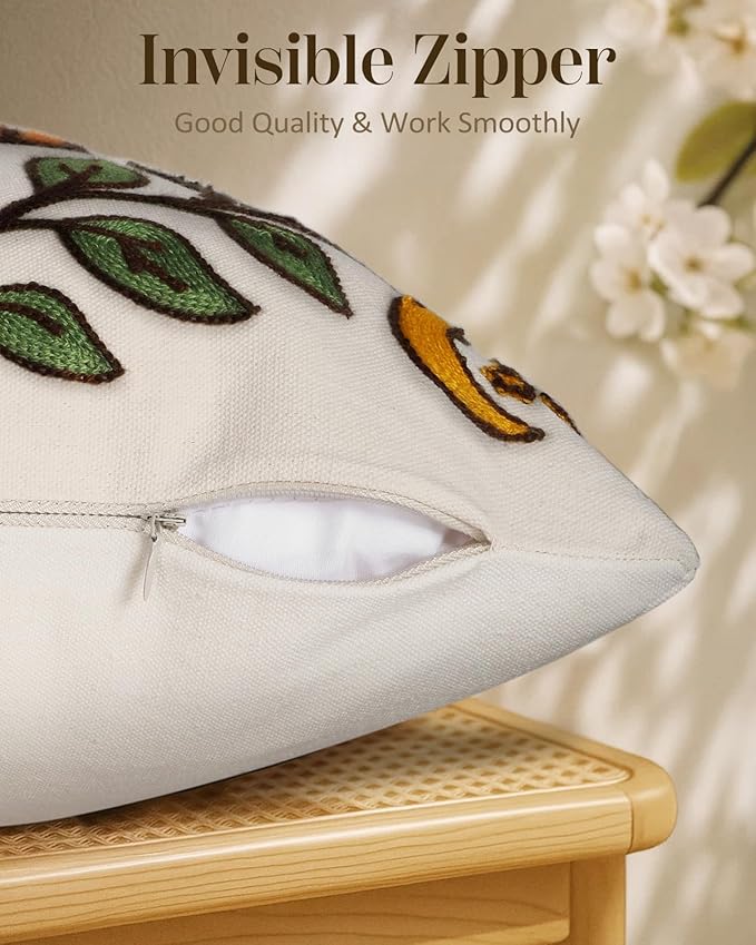 Embroidered Throw Pillow Cover 18x18 Inch - Spring Summer Boho Decorative Pillow Cover with Zipper for Living Room Couch Sofa Bed Aesthetic Design Sunflower Moon Cushion Pillowcase