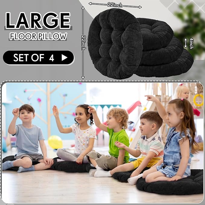 Jerify Floor Pillow Cushions Large Round Square Large Meditation Floor Pillow for Classroom Adult Meditation Picnic Party Seating Learning Daycare School(Round,Black,4 Pcs)