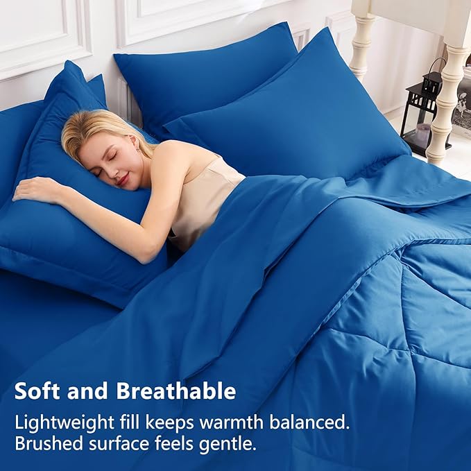 CozyLux Queen Comforter Set Classic Blue - Bed in a Bag Queen Size 7 Pieces, Luxury Soft Bed Set for All Seasons, Bedding Set with Down Alternative Comforter, Sheets, Pillowcases & Shams
