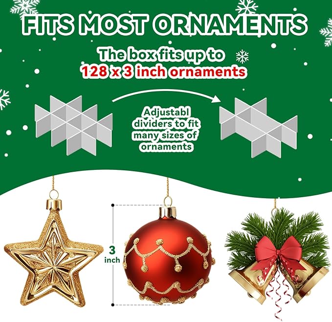 Christmas Ornament Storage Box, Ornament Storage Container with 8 Trays, Xmas Decoration Organizer Holds Up to 128 Decoration Balls, Durable 600D Oxford Material（Green）