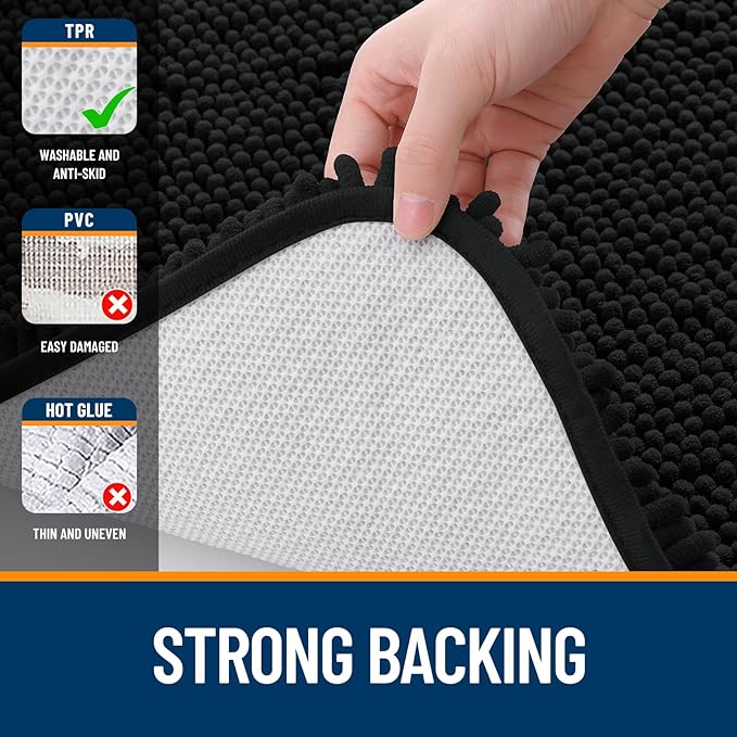 OLANLY Bathroom Runner Rugs 70x24, Extra Soft Absorbent Chenille Bath Rugs, Rubber Backing Quick Dry, Machine Washable Long Bath Mats for Bathroom Floor, Tub and Shower, Home Decor Accessories, Black