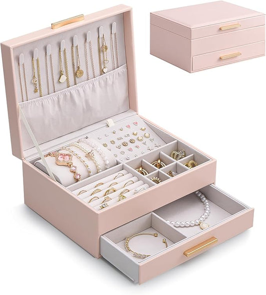 Lolalet 2-Layer Jewelry Box Organizer for Women Girls, Jewelry Storage Case Holder with Drawers for Necklaces Ring Earrings Bracelet Watch, Gifts Choice for Mom Mother’s Day -Pink