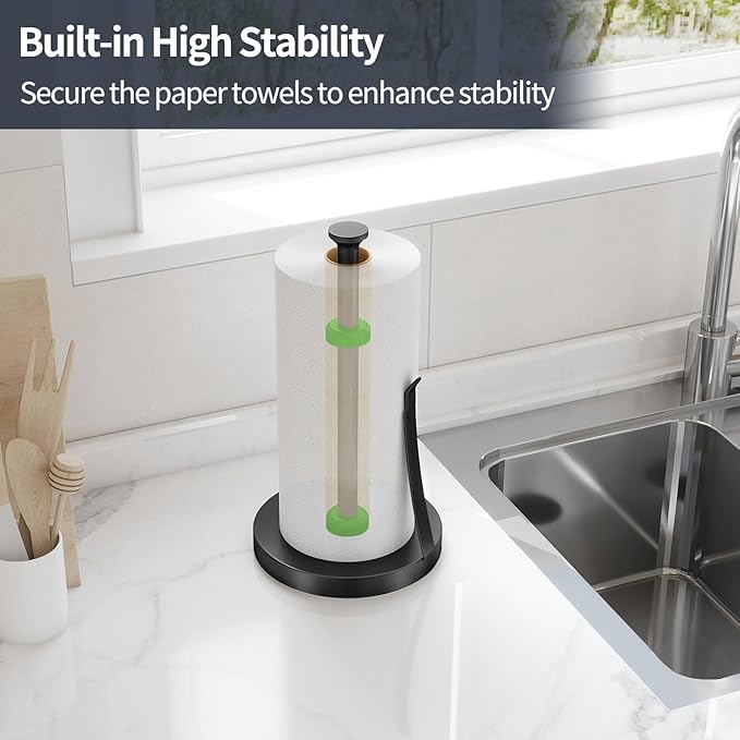 Jesginboo Countertop Paper Towel Holder for Kitchen, Stainless Steel Tension Arm for One-Handed Tear, Stainless Steel Paper Towel Holder Stand for Kitchen Bathroom, Black