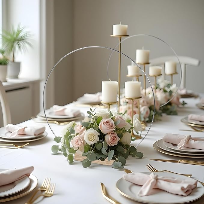 12Pcs 12 Inch Metal Floral Hoop Centerpiece With Stand for Table, Silver Center Pieces Decoration With Wood Base for DIY Wedding Decor Wall Hanging Crafts