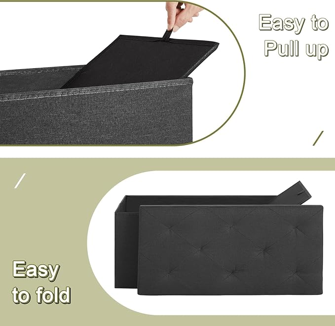 VECELO 30'' Folding Storage Ottoman Bench, Storage Chest, Linen Fabric Foot Rest Stool, 110L Storage Footstools for Bedroom and Living Room, Holds up to 440 lbs, Dark Black