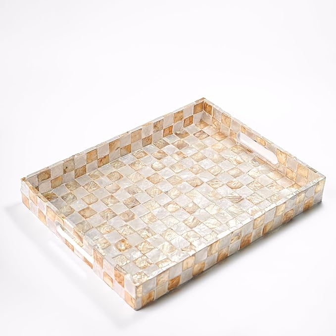 CHI AN HOME Decorative Checkered Tray with Handles, Handmade Tray with Natural Capiz Shells, Serving Tray for Ottoman, Coffee Table, Kitchen Counter Home Decor (Ivory, 15.8" x 11")