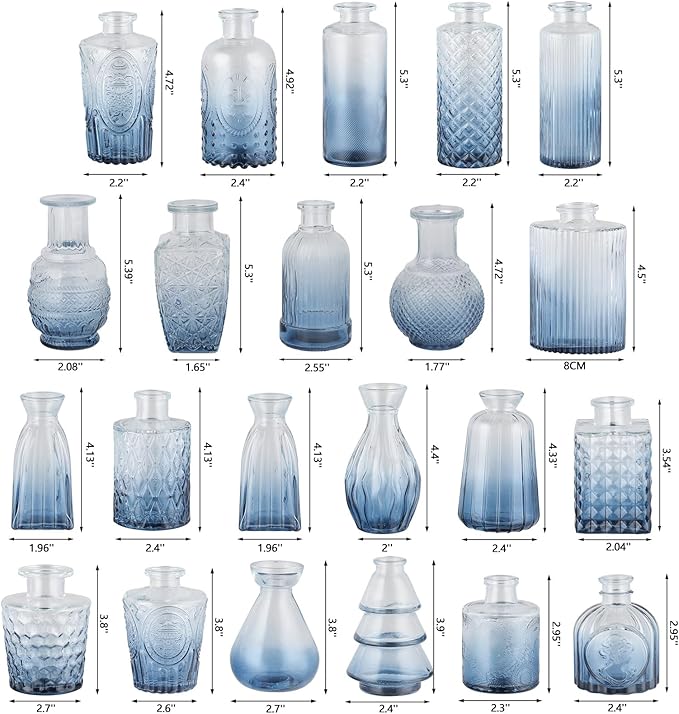 RUCKACE Bud Vases in Bulk 22 Blue Glass Small Vases Flower Vase Bulk for Centerpiece Table Wedding Decorations Home Decor Party(Gradient Blue 22 Pack)