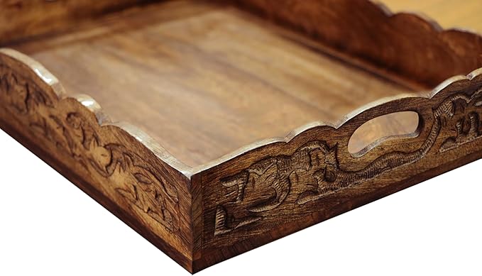 Hand Carved Wooden Serving Tray - Decorative Breakfast Tray with Handles - Rustic Wooden Food Tray with Intricate Detail - Unique Furnishing Accent - Natural Finish - 17 x 13 x 2.5 Inch - COTTON CRAFT