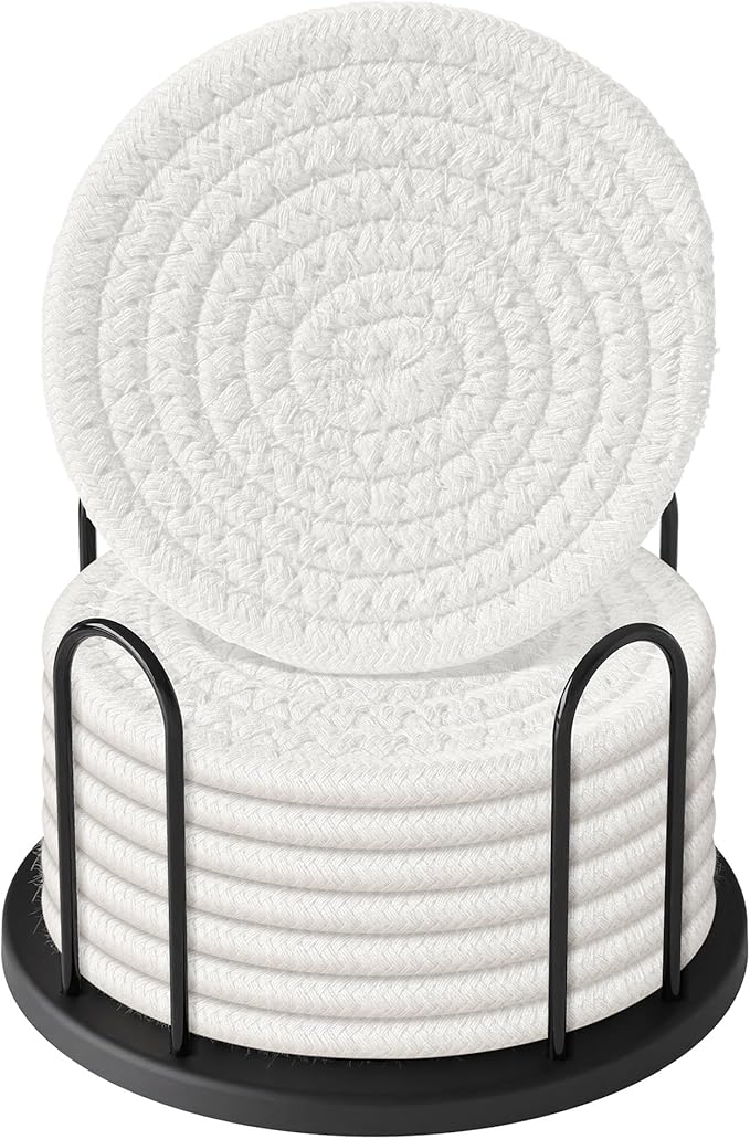 Coasters Set of 8 for Drinks, Beer, Coffee, Cotton Woven Absorbent Coaster with Holder, Boho Coasters for Home Decor Tabletop Protection Suitable for Kinds of Cups, White