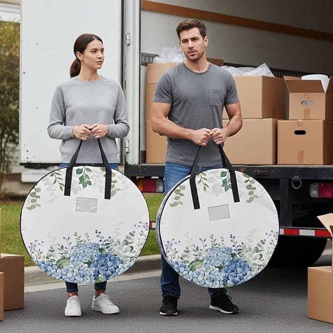 Storage Bag Blue Hydrangea Round Storage Totes Bins Closet Organizers with Zippers & Handle Green Eucalyptus Leaves Flowers Clothes Storage Container for Bedroom Dorm Space Saving Packing Supplies