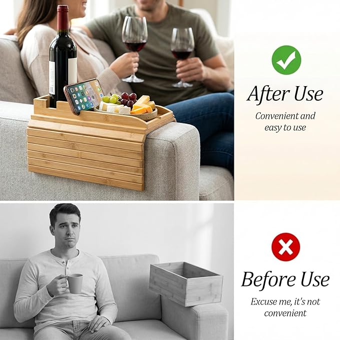 Couch Cup Holder Tray, Bamboo Couch Arm Cup Holder 2 in 1 Anti-Slip Sofa Armchair Caddy Table with Detachable Cups Holders Foldable Sofa Arm Organizer Tray for Drinks Cellphone Snacks Remote