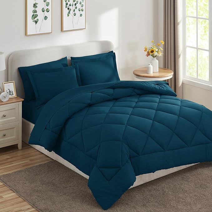CozyLux King Size Comforter Set Lyons Blue - 7 Pieces Bed in a Bag King, Luxury Soft Bed Set for All Seasons, Bedding Set with Down Alternative Comforter, Sheets, Pillowcases & Shams