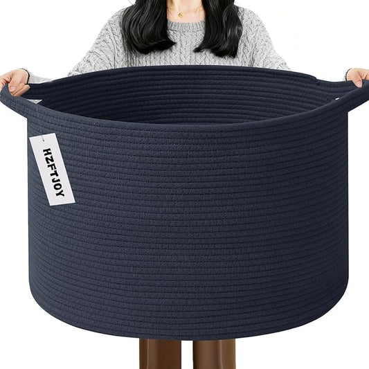 65L Extra Large Woven Cotton Rope Blanket Basket with Handles, Laundry Hamper Storage Bin for Pillows, Comforters,Clothes, Toys, Nursery, Bedroom and Living Room Organization,Dark Blue