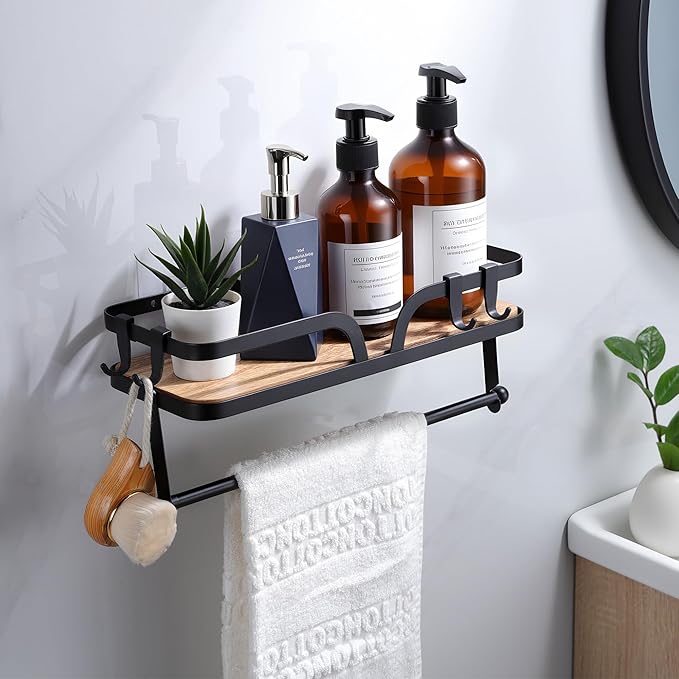 ZUNTO Paper Towel Holder with Shelf for Kitchen, Wall Mounted, Self-Adhesive or Drilling, Black Paper Towel Bar for Paper Roll or Towel Hanging, Storage Shelf Rack with Natural Wooden Board
