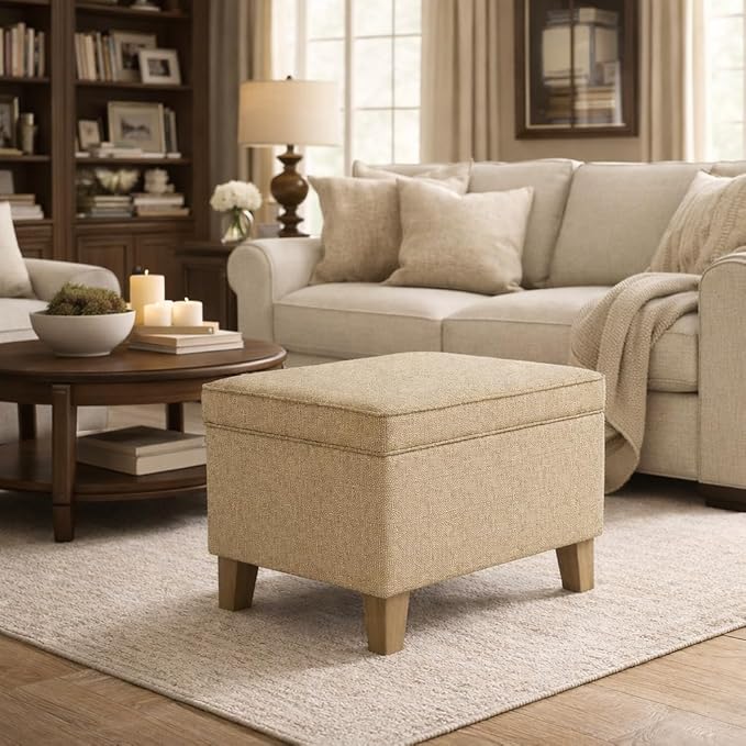 Homepop Home Decor | Medium Square Storage Ottoman with Hinged Lid | Ottoman with Storage for Living Room & Bedroom, Tan