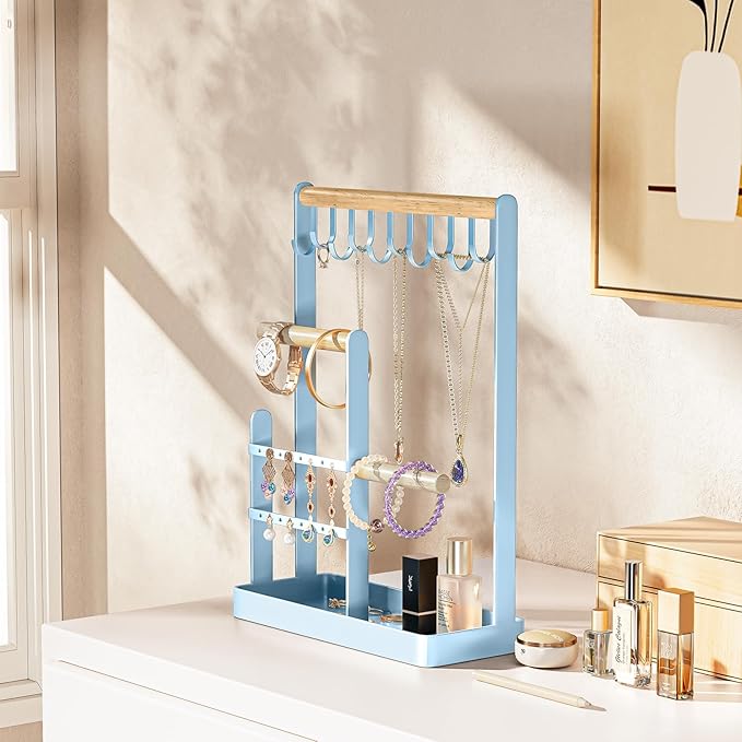 ProCase Jewelry Stand Holder Organizer, 4-Tier Necklace Holder with Ring Tray, 10 Hooks Necklaces Hanging Small Jewelry Display Storage Tower Tree for Bracelets Earrings Watches -Medium, Blue