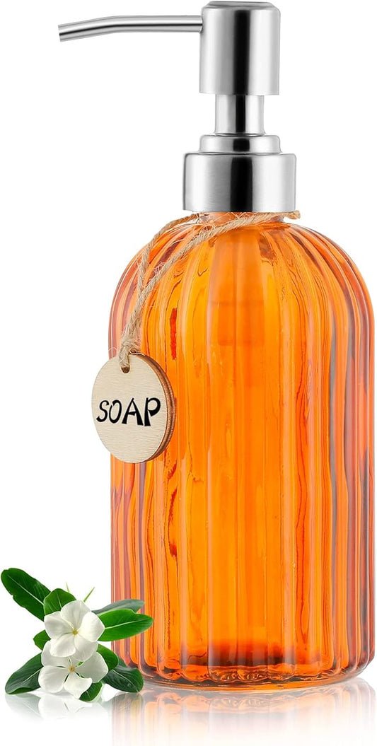 MOCLIF 16 OZ Soap Dispenser，Tempered Glass Clear Vertical Stripe with 304 Rust Proof Stainless Steel Pump Refillable Liquid Hand Soap Dispenser，for Bathroom, Kitchen, Dish Soap，Lotion (Orange)