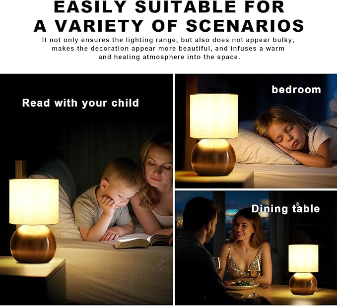 Modern Golden Small Table Lamp with Cotton Linen Shade, 10.4-inch LED Desk Light, One-Button Switch for Bedroom, Living Room, Nightstand, Includes Warm Light Bulb