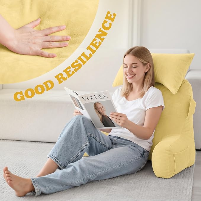 Unisakey Portable Reading Pillows with Headrest for Bed Sitting Up(Yellow Oeko-Tex), Velvet Back Pillow with Arms & Pockets for Adults, Support Memory Foam Bed Pillow for Dorm/Reading/Watching/Gaming