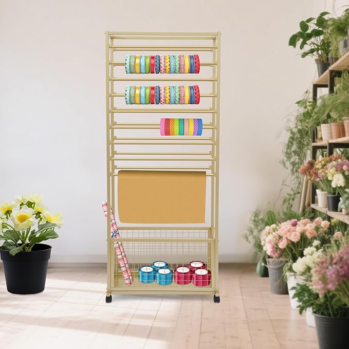 20 Tier Ribbon Holder Organizer Rack, Metal Double-Sided Ribbon Spool Storage Shelf with Wheels, Rolling Flower Wrapping Paper Storage Stand for Craft Room Flower Shop Gift Wrapping(Taller, Gold)