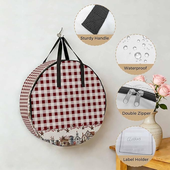 Storage Bag Barn Star Farmhouse Round Storage Totes Bins Closet Organizers with Zippers & Handle Red Buffalo Plaid Clothes Storage Container for Bedroom Dorm Space Saving Packing Supplies Moving Bags