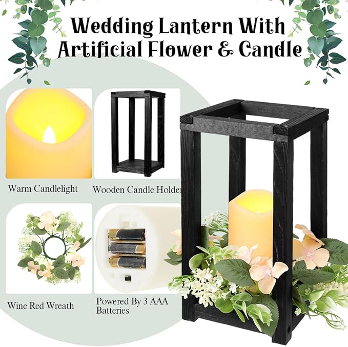 Hushee 60 Pcs Wooden Wedding Lantern Centerpiece Integrated Holders with Candles and Wreaths Rustic Wooden Candle Lantern Decor for Wedding Party Table Valentine Decor (Black)