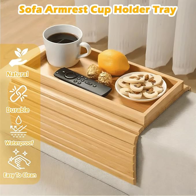 Foldable Bamboo Couch Arm Tray with Detachable Couch Cup Holder– Sofa Armrest Table for Remote, Snacks, Phone – Portable Armrest Caddy Tray for Sofa, Recliner, or Armchair
