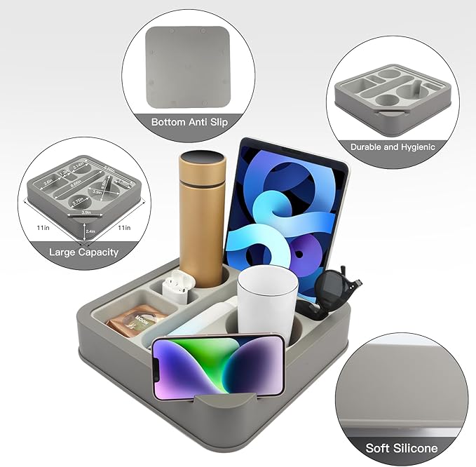 Heavyrain Couch Remote Holder Caddy Cup Holder Tray for Couch and Bed - Spill-Proof Armrest Organizer with Removable Divider, Perfect for Gaming, Movie Night, Remote Control, Snack & Phone Storage