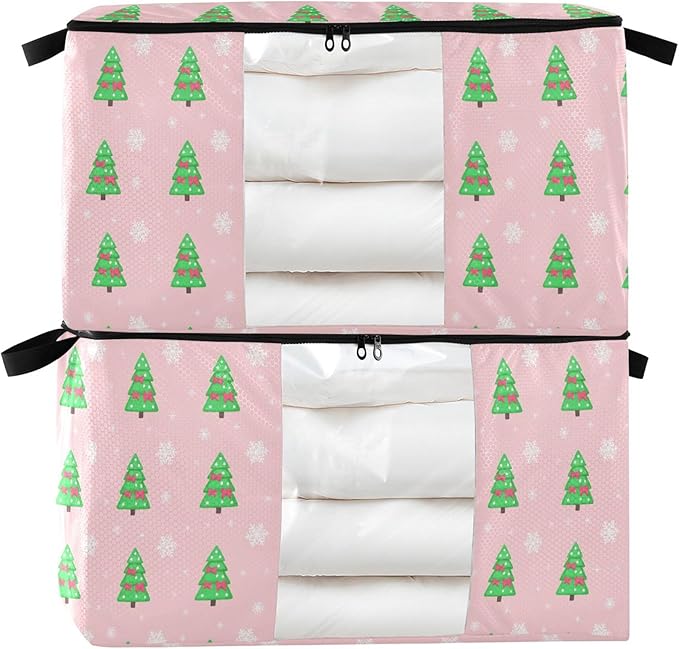 Burbuja Christmas Tree Clothes Storage Bag with Lids and Handle, 2 Pack Foldable Blanket Storage Container with Sturdy Zipper & Clear Window for Bedroom Closet, 60L