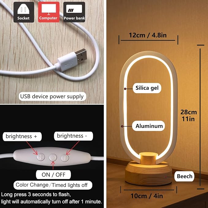Bedside Table Lamps Bedroom Modern LED Oval Slim Nightstand Lamp,27cm Small Table Light,Warm White 3 Color temperatures,Dimmable Lights with Cable,for Home Adult Kids Living Room Lounge Deco