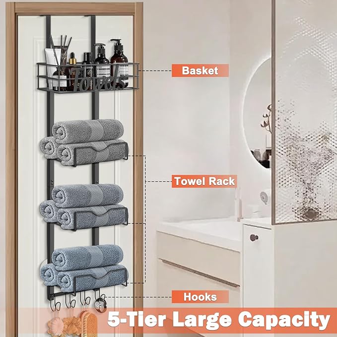 HarJue Over The Door Towel Racks, No Drill Towel Storage with Basket & Hooks, Space-Saving Multi-Functional Towel Holder for Bathrooms, bedrooms, Apartments, RVs (Matte Black, 5 Tier)