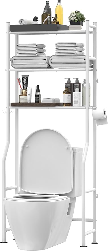 Livilord 3-Tier Over The Toilet Storage, Freestanding Metal Bathroom Shelves with 4 Hooks, Over Toilet Storage Shelf with Paper Holder, Above The Toilet Shelf for Bathroom Storage, White
