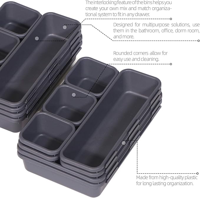 Set of 22 Interlocking Desk Drawer Organizer Tray Dividers Plastic Shallow Narrow Drawers Organizers Separators and Storage Bins Container for Kitchen Bathroom Makeup Office Vanity Bedroom Dresser