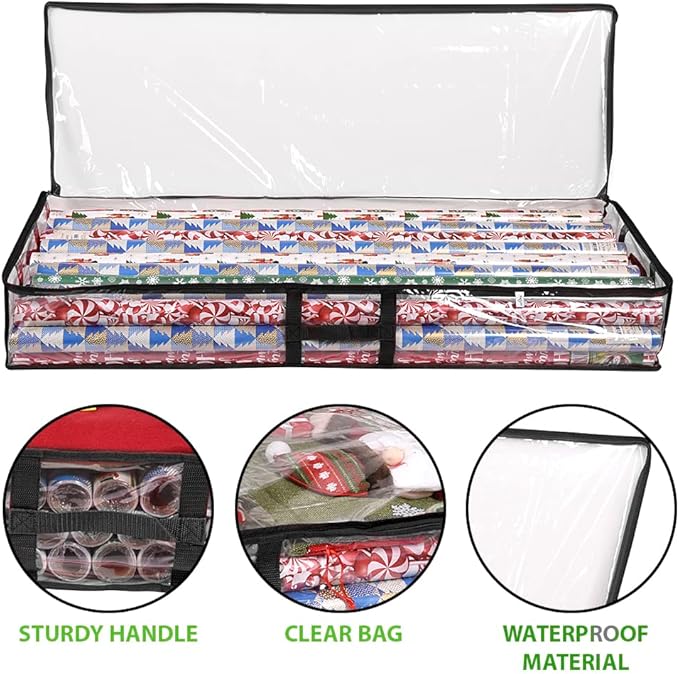 ProPik Wrapping Paper Box | Underbed Gift Wrap Storage & Organizer | 41”x14”x6” Fits 18-24 Rolls Up to 40” Long Roll | Holder for Ribbon, Bows and Accessories 2 Pack (Black)