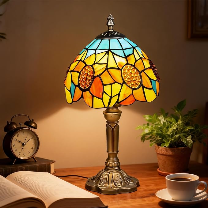 Sunflower Tiffany Style Table Lamp with LED Bulb, 8 Inch Handmade Stained Glass Light, Antique Desk & Bedside Lamp for Living Room, Bedroom, Study, Art Decor Gift