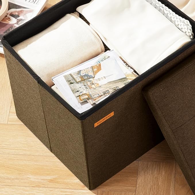 HAUSFRAU Ottoman with Storage Foot Rest Stool, Small Folding Footrest, Tufted Square Cube Seat for Living Room, Bedroom, Dorm, 12.2" x 16.5"x 12.2", Linen Espresso Brown