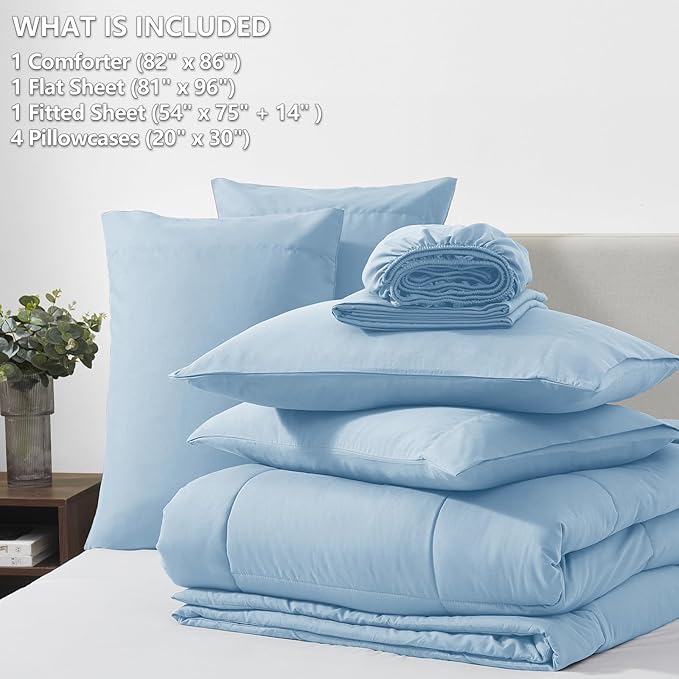 CozyLux Full Size Comforter Set Baby Blue, 7 Pieces Bed in a Bag, Blue Comforter Full Size, All Season Bedding Sets with Stitch Quilted Comforter, Flat Sheet, Fitted Sheet, Pillowcases