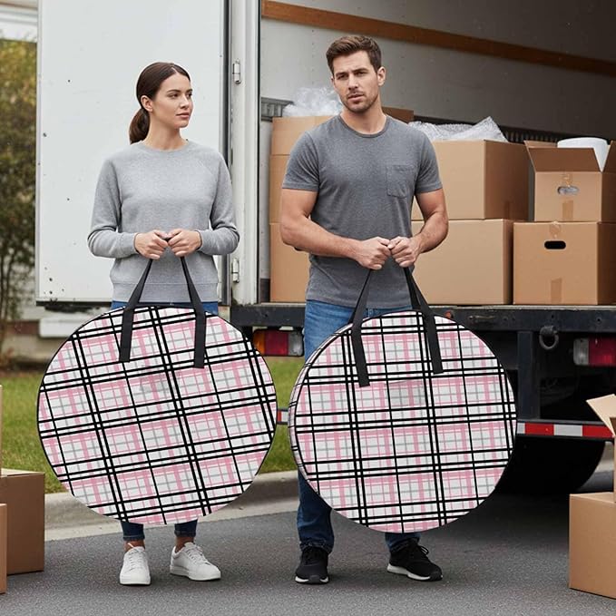 Storage Bag Pink Buffalo Plaid Round Storage Totes Bins Closet Organizers with Zippers & Handle Black Check Stripe Clothes Storage Container for Bedroom Dorm Space Saving Packing Supplies Moving Bags
