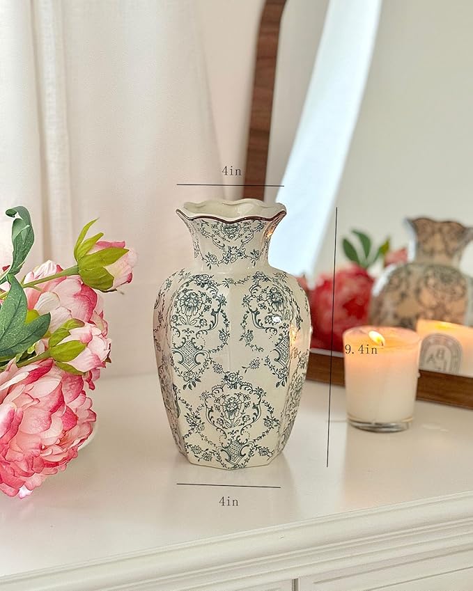 Vintage Chinoiserie Ceramic Vase, Porcelain Decorative Flower Vase for Centerpiece Living Room Table Shelf, Retro Country Decor