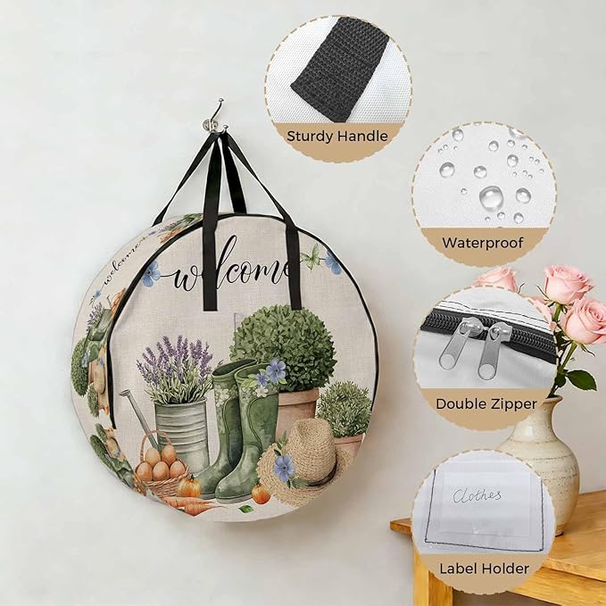 30 Inch Round Storage Bag 1 Pack,Farm Lavender Egg Radish Waterproof Wreath Storage Container with Handles&Zipper Retro Flowers on Linen Closet Organizer Bags Garland Box
