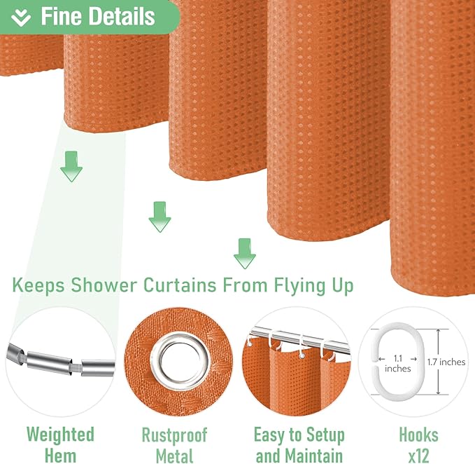 Dynamene Extra Long Shower Curtain - 96 Inch Long Waffle Weave Weighted Thick Cloth Bathroom Shower Curtain, Neutral Heavy Duty Hotel Bath Curtain Set with 12 Plastic Hooks,72x96, Burnt Orange