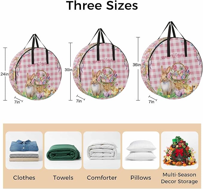 36 Inch Round Storage Bag 1 Pack,Easter Bunny Eggs Basket and Chick Waterproof Wreath Storage Container with Handles&Zipper Spring Flower with Pink Lattice Closet Organizer Bags Garland Box