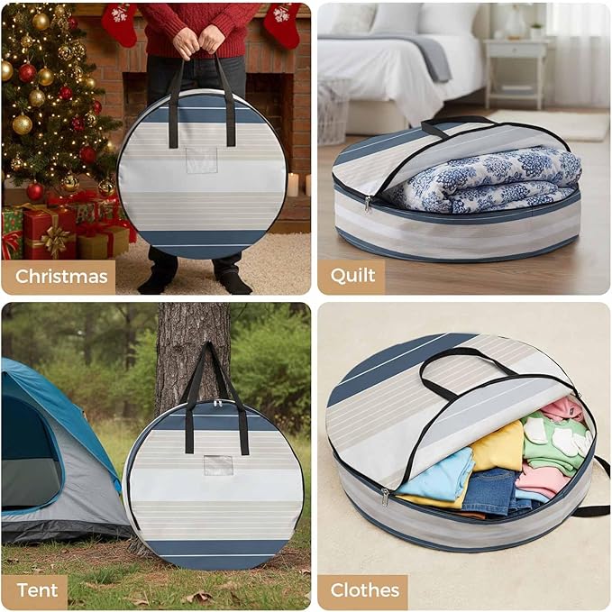 Storage Bag Cream Striped Round Storage Totes Bins Closet Organizers with Zippers & Handle Ombre Blue Stripes Clothes Storage Container for Bedroom Dorm Space Saving Packing Supplies Moving Bags