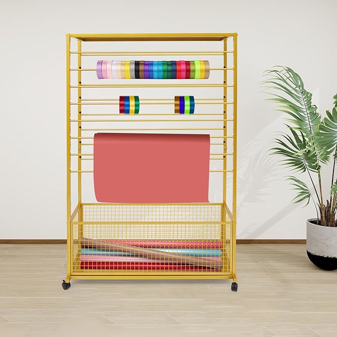 16 Tier Ribbon Holder Organizer Rack, Metal Double-Sided Ribbon Spool Storage Shelf with Wheels, Rolling Flower Wrapping Paper Storage Stand for Craft Room Flower Shop Gift Wrapping(Wider, Gold)