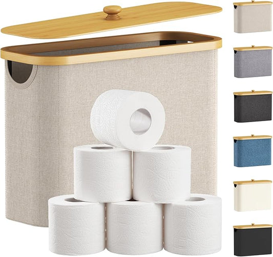 Lifewit Toilet Paper Storage Holder for 9 to 12 Rolls, Free Standing Toilet Paper Basket Stand with Bamboo Lid, Collapsible Fabric Bathroom Organizer Box for Mega Rolls, 23L, Large, White, Beige